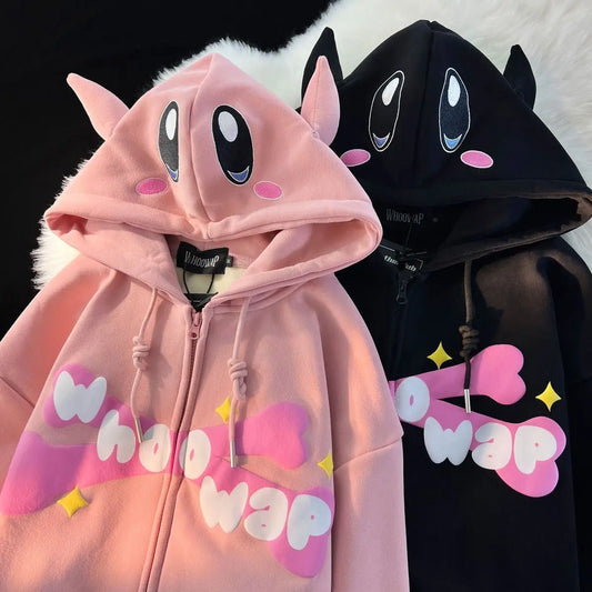 Women Japanese Sweet Streetwear Cartoon Loose Sweatshirt Couple Zip Up Hoodie Goth Y2k Clothes