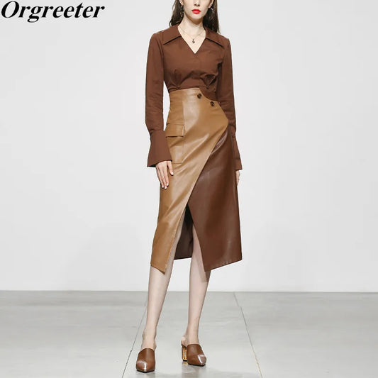 Autumn Elegant Women's Clothes 2023 New Temperament Brown Blouse Shirt Irregular PU Leather Long Skirt Two Piece Sets