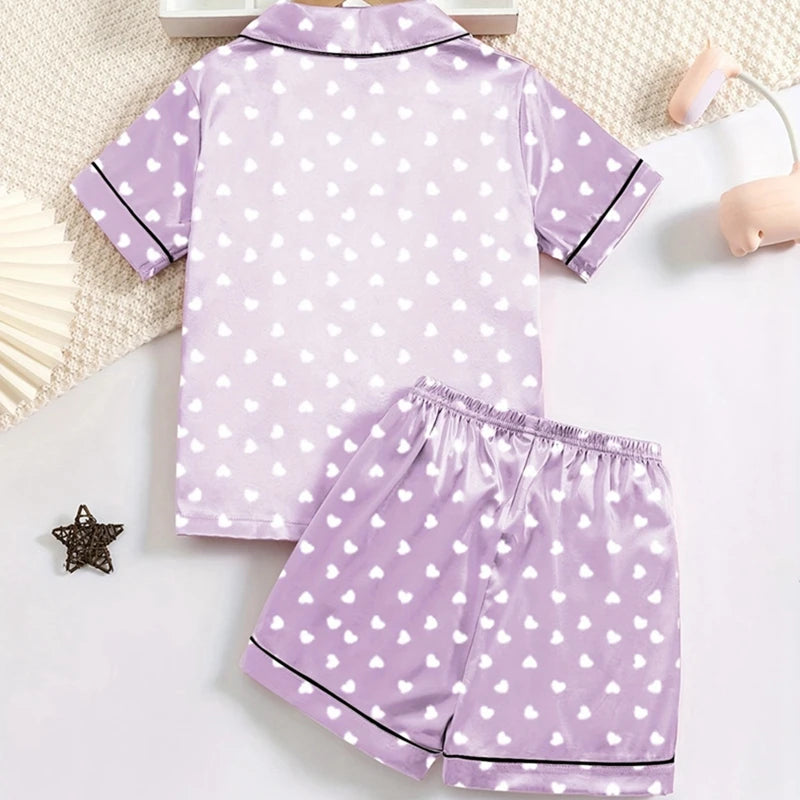 Girls Simulation Silk Short Sleeve Shorts Homewear Set Children Button Heart Lapel Pajamas 8-12 Years Old Children Pajamas Set