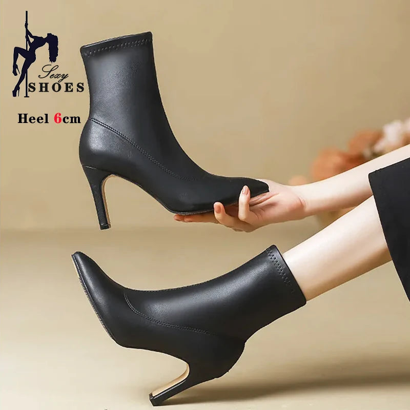 Autumn Winter Women Ankle Boots 6CM 8CM Toe Sock Boots Elegant Lady Black Thick Heels Female Short Booties