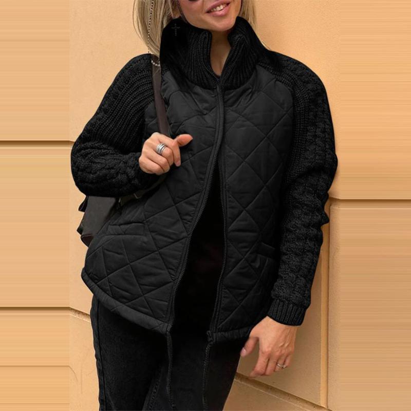 Women Stand Collar Fashion Knitted Stitching Jacket
